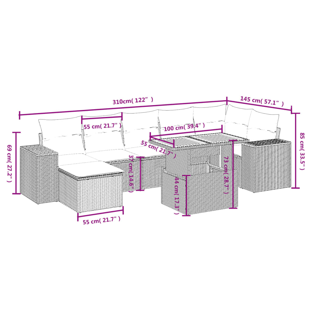 8 pcs conjunto de sofás p/ jardim com almofadões vime PE bege