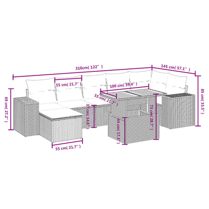 8 pcs conjunto de sofás p/ jardim com almofadões vime PE bege