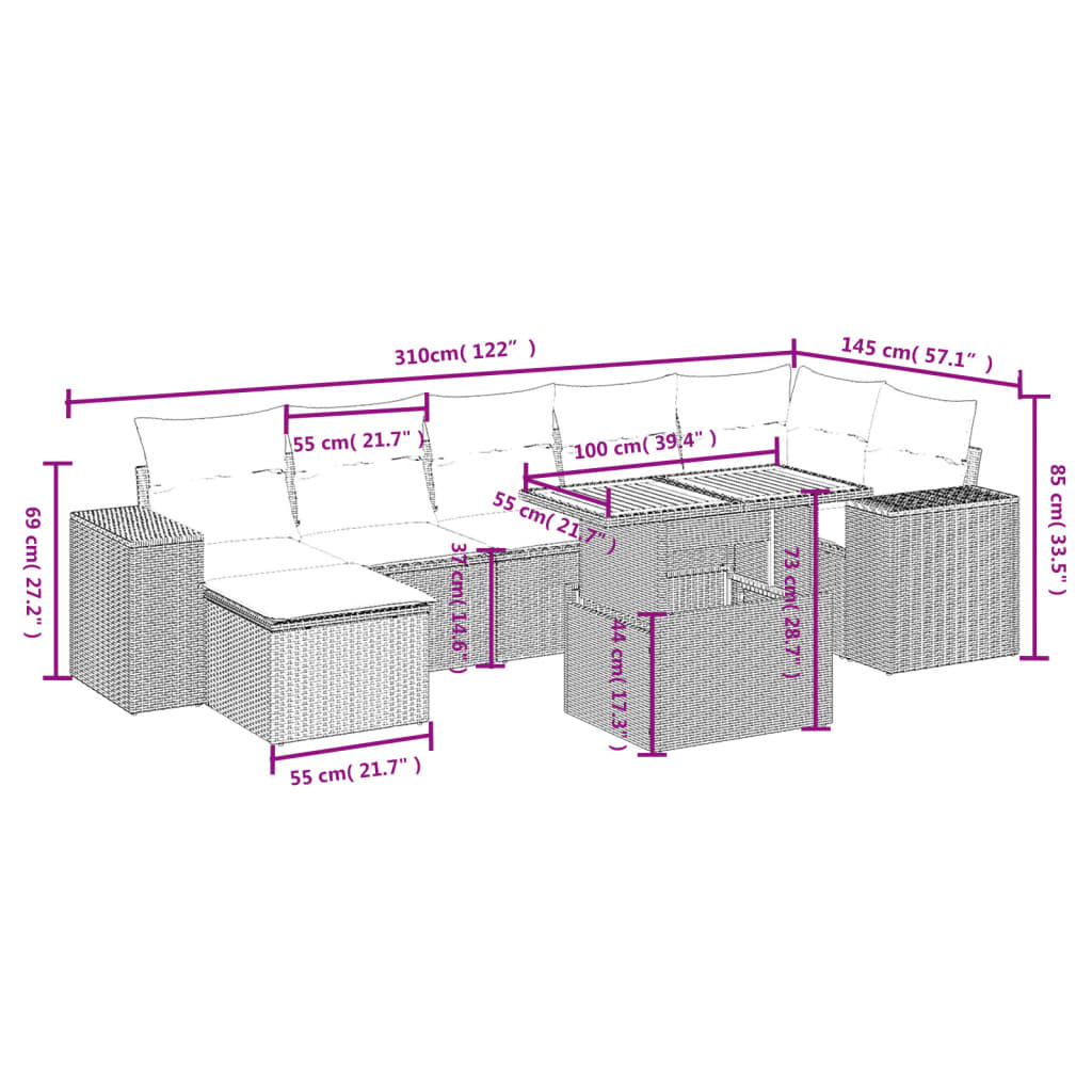 8 pcs conjunto sofás de jardim c/ almofadões vime PE cinzento