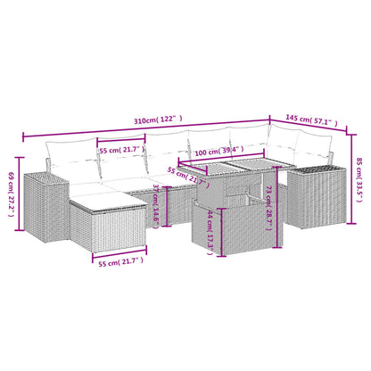 8 pcs conjunto sofás de jardim c/ almofadões vime PE cinzento