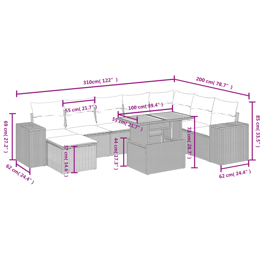 9 pcs conjunto de sofás p/ jardim c/ almofadões vime PE preto