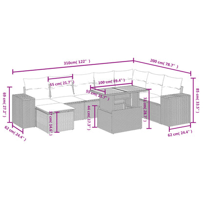 9 pcs conjunto de sofás p/ jardim c/ almofadões vime PE preto