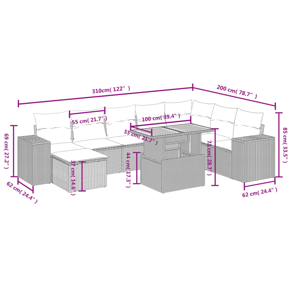 9 pcs conjunto de sofás p/ jardim com almofadões vime PE bege