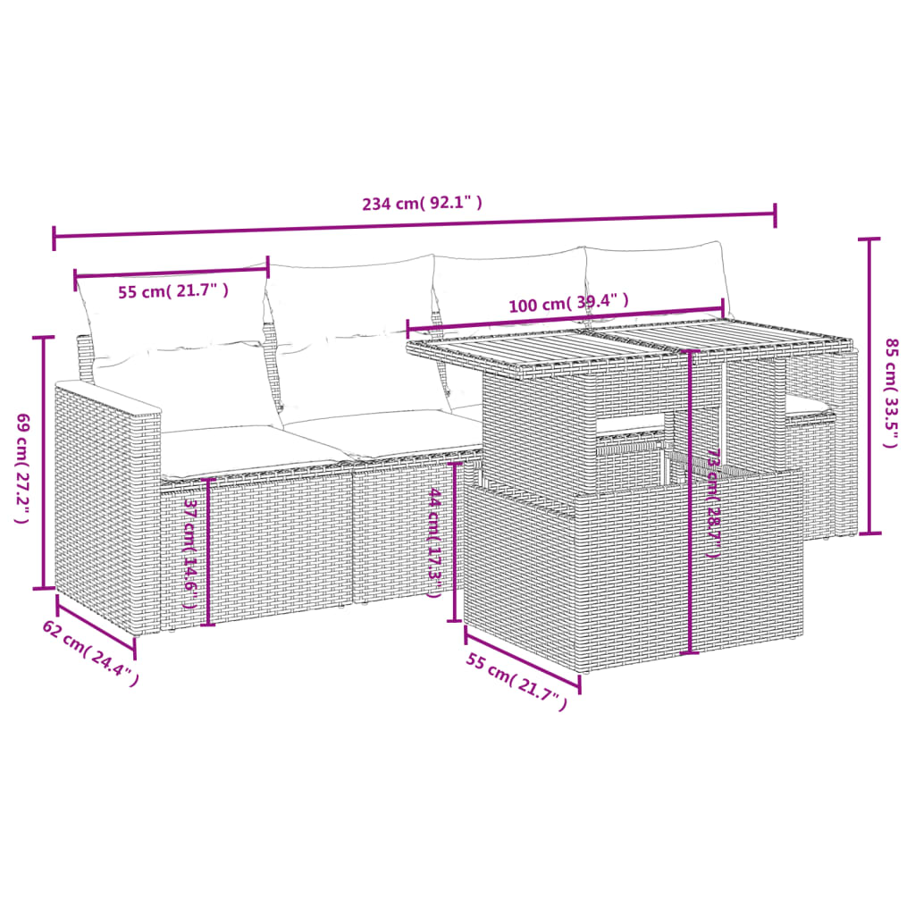 5 pcs conjunto sofás de jardim c/ almofadões vime PE cinzento