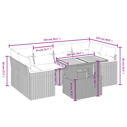 7 pcs conjunto de sofás p/ jardim c/ almofadões vime PE preto