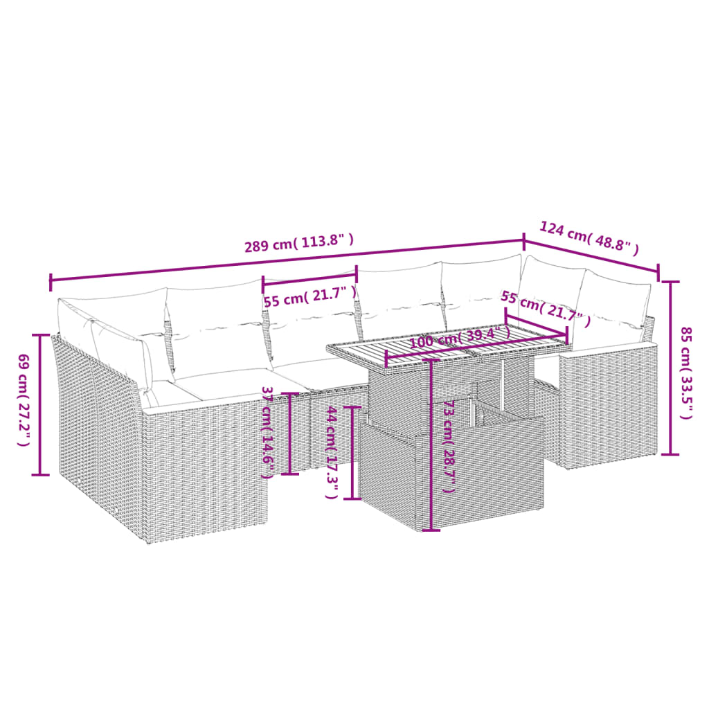 8 pcs conjunto de sofás p/ jardim com almofadões vime PE bege