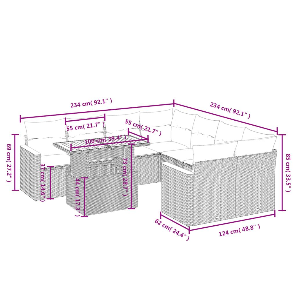 9 pcs conjunto de sofás p/ jardim c/ almofadões vime PE preto