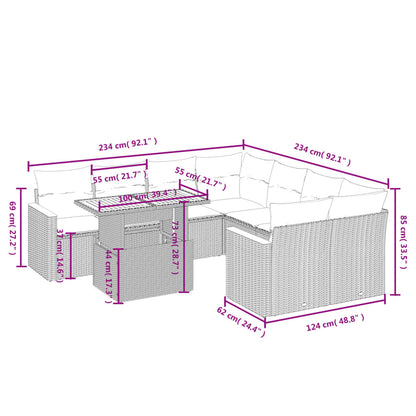 9 pcs conjunto de sofás p/ jardim com almofadões vime PE bege