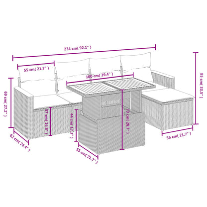 6 pcs conjunto sofás de jardim c/ almofadões vime PE preto