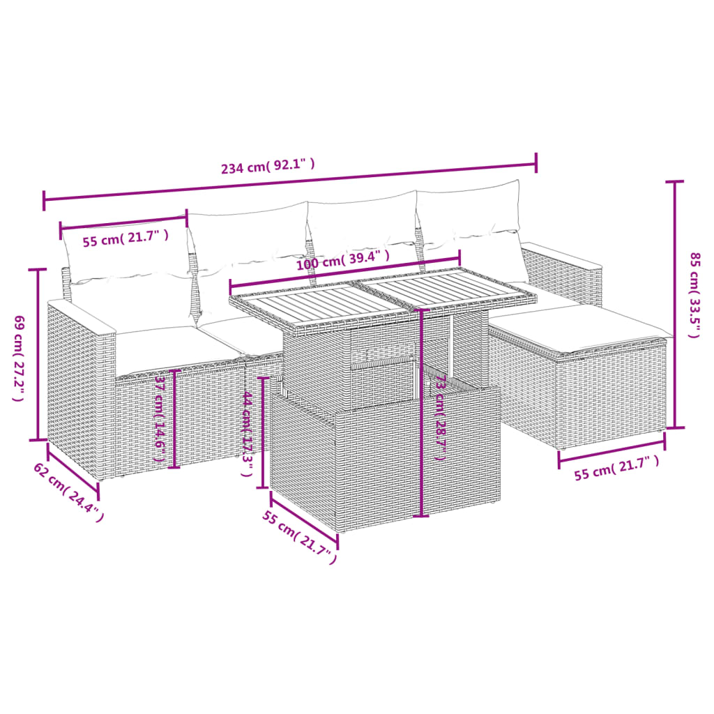 6 pcs conjunto sofás de jardim c/ almofadões vime PE preto