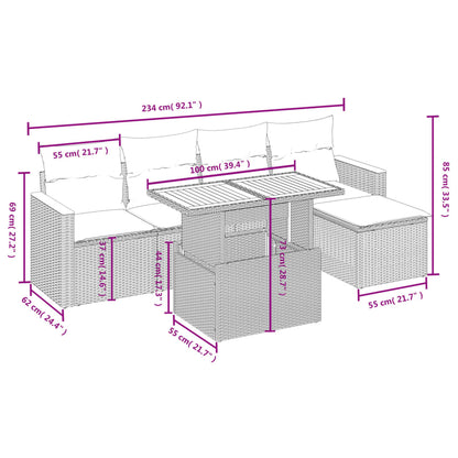 6 pcs conjunto de sofás p/ jardim com almofadões vime PE bege