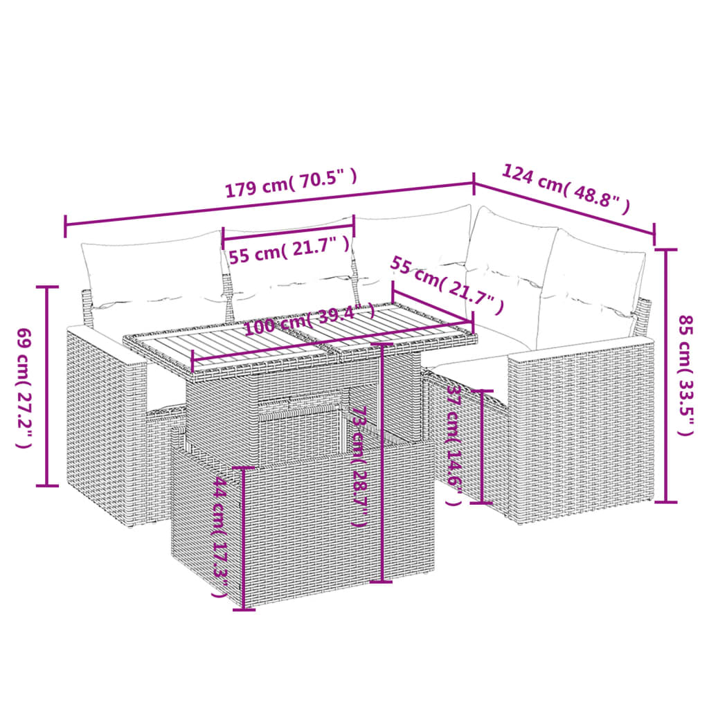 5 pcs conjunto sofás de jardim com almofadões vime PE preto