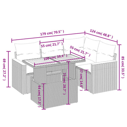 5 pcs conjunto sofás de jardim com almofadões vime PE preto