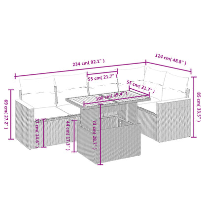 6 pcs conjunto sofás de jardim c/ almofadões vime PE preto