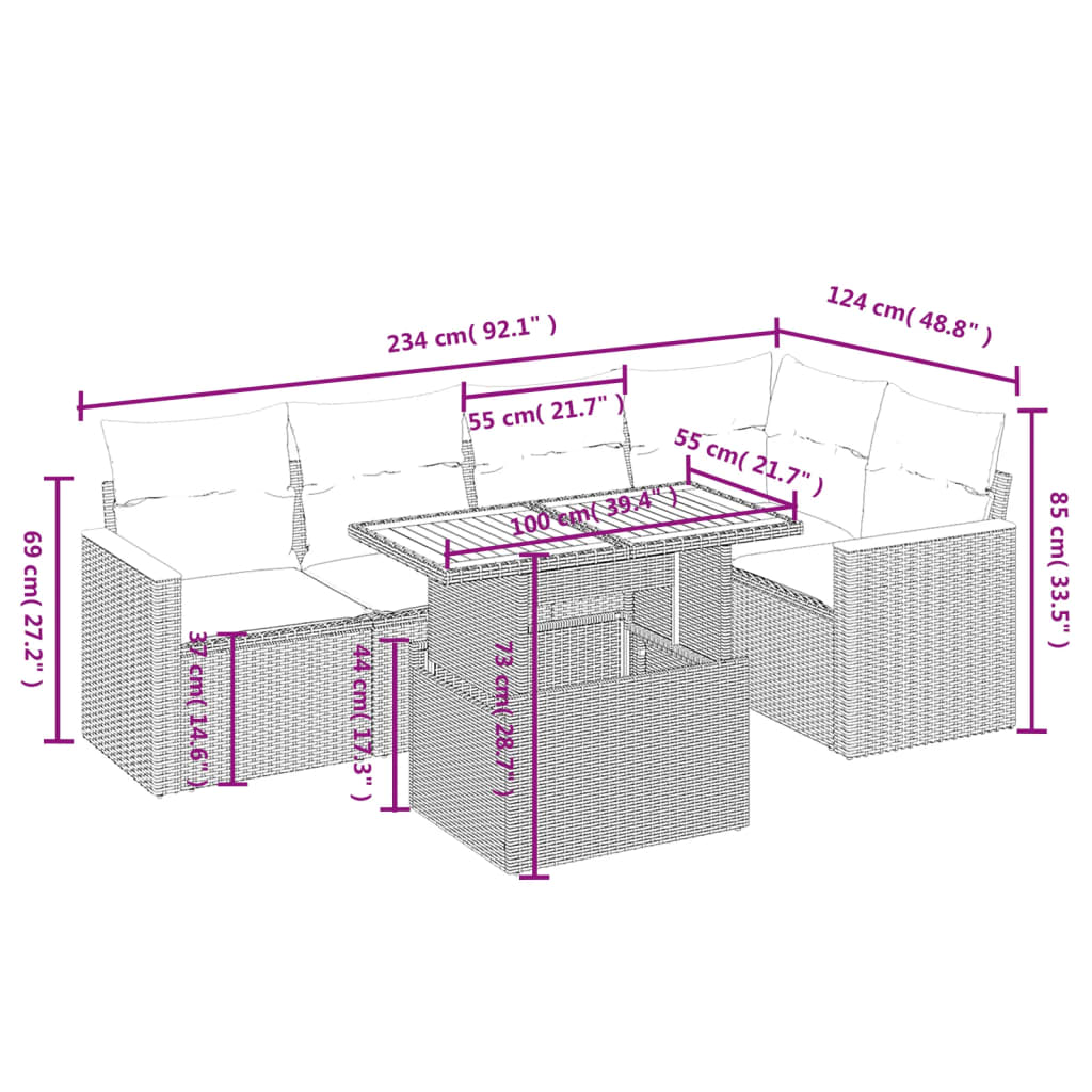 6 pcs conjunto de sofás p/ jardim com almofadões vime PE bege