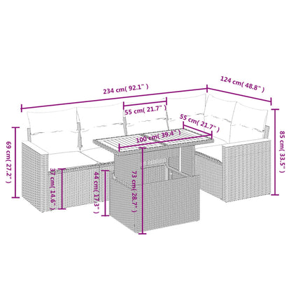 6 pcs conjunto sofás de jardim com almofadões vime cinzento