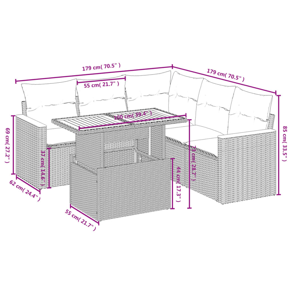 6 pcs conjunto de sofás p/ jardim com almofadões vime PE bege