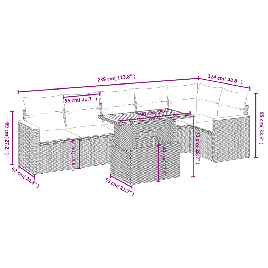 7 pcs conjunto de sofás p/ jardim c/ almofadões vime PE preto