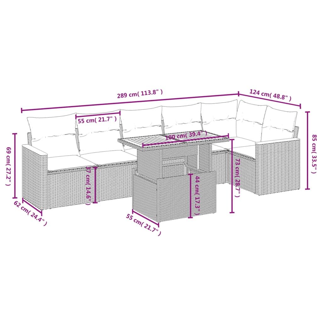 7 pcs conjunto de sofás p/ jardim com almofadões vime PE bege