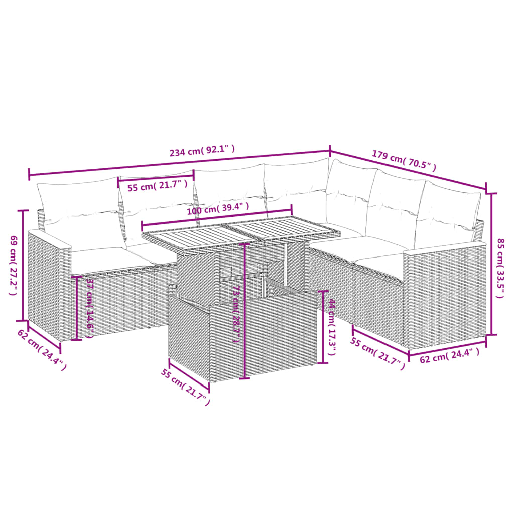 7 pcs conjunto de sofás p/ jardim c/ almofadões vime PE preto