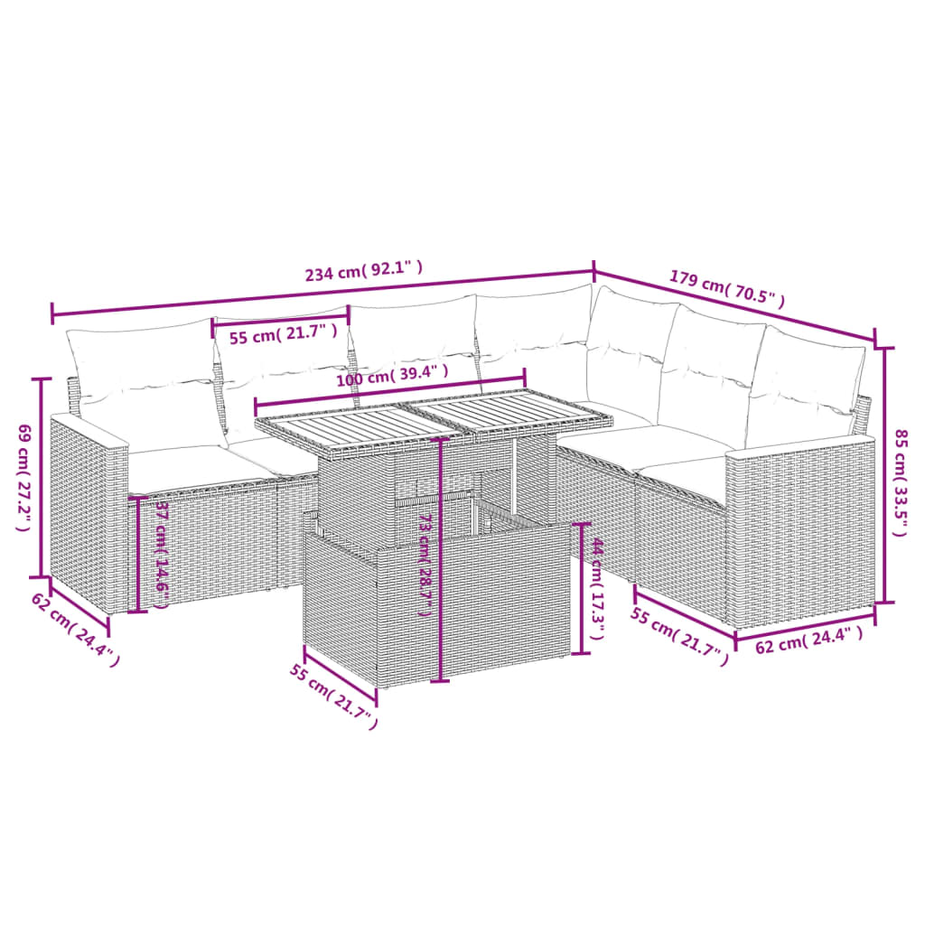 7 pcs conjunto de sofás p/ jardim com almofadões vime PE bege