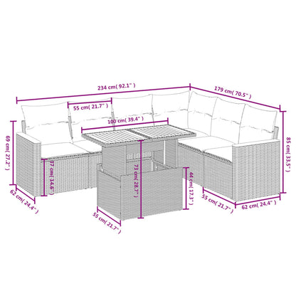 7 pcs conjunto de sofás p/ jardim com almofadões vime PE bege