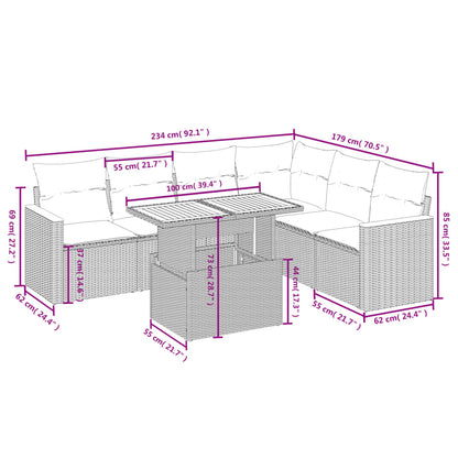 7 pcs conjunto sofás p/ jardim c/ almofadões vime PE cinzento