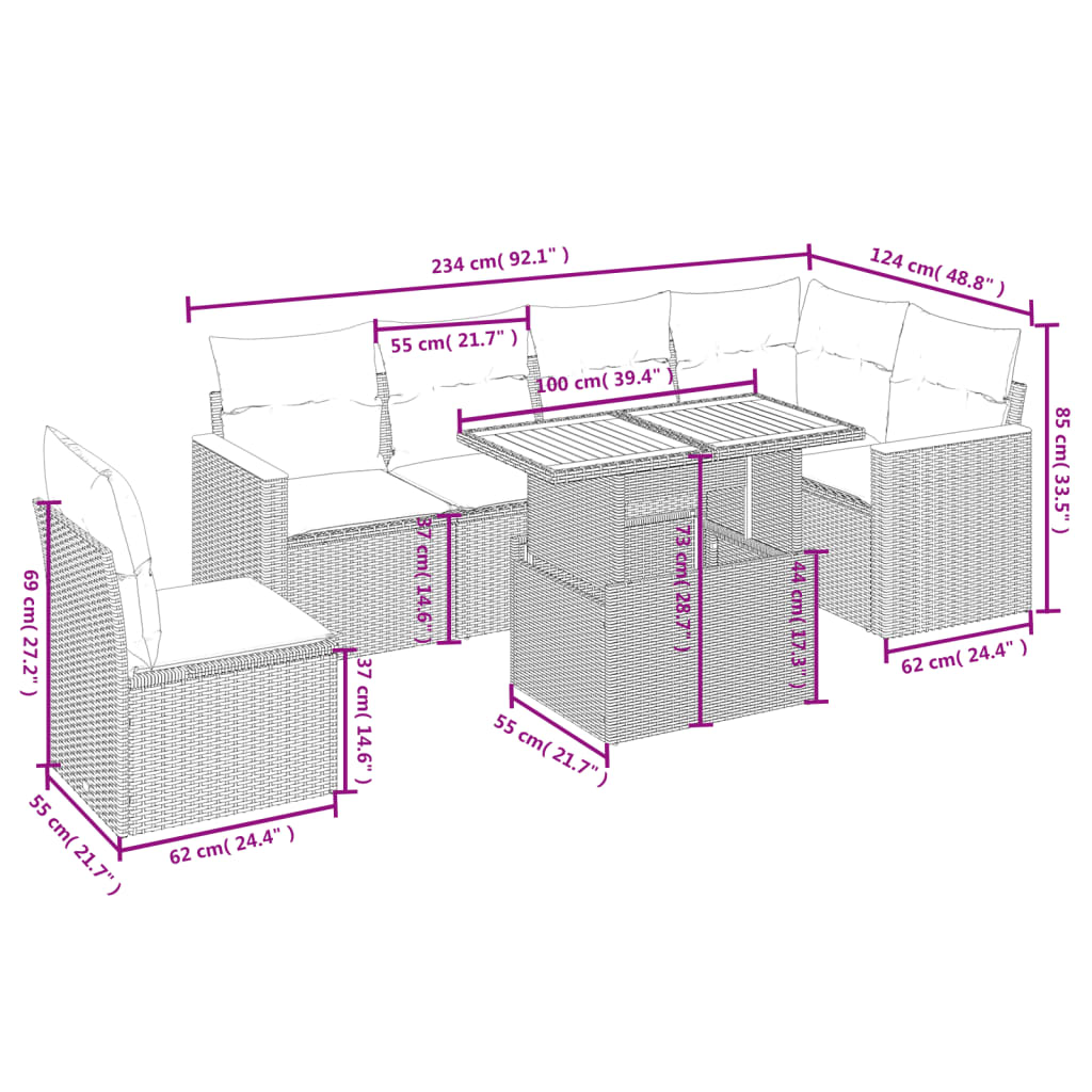 7 pcs conjunto de sofás p/ jardim com almofadões vime PE bege