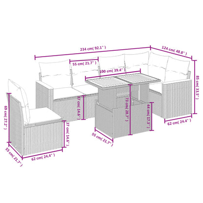 7 pcs conjunto de sofás p/ jardim com almofadões vime PE bege