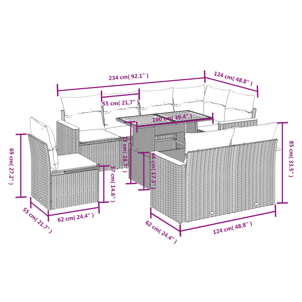 9 pcs conjunto de sofás p/ jardim com almofadões vime PE bege