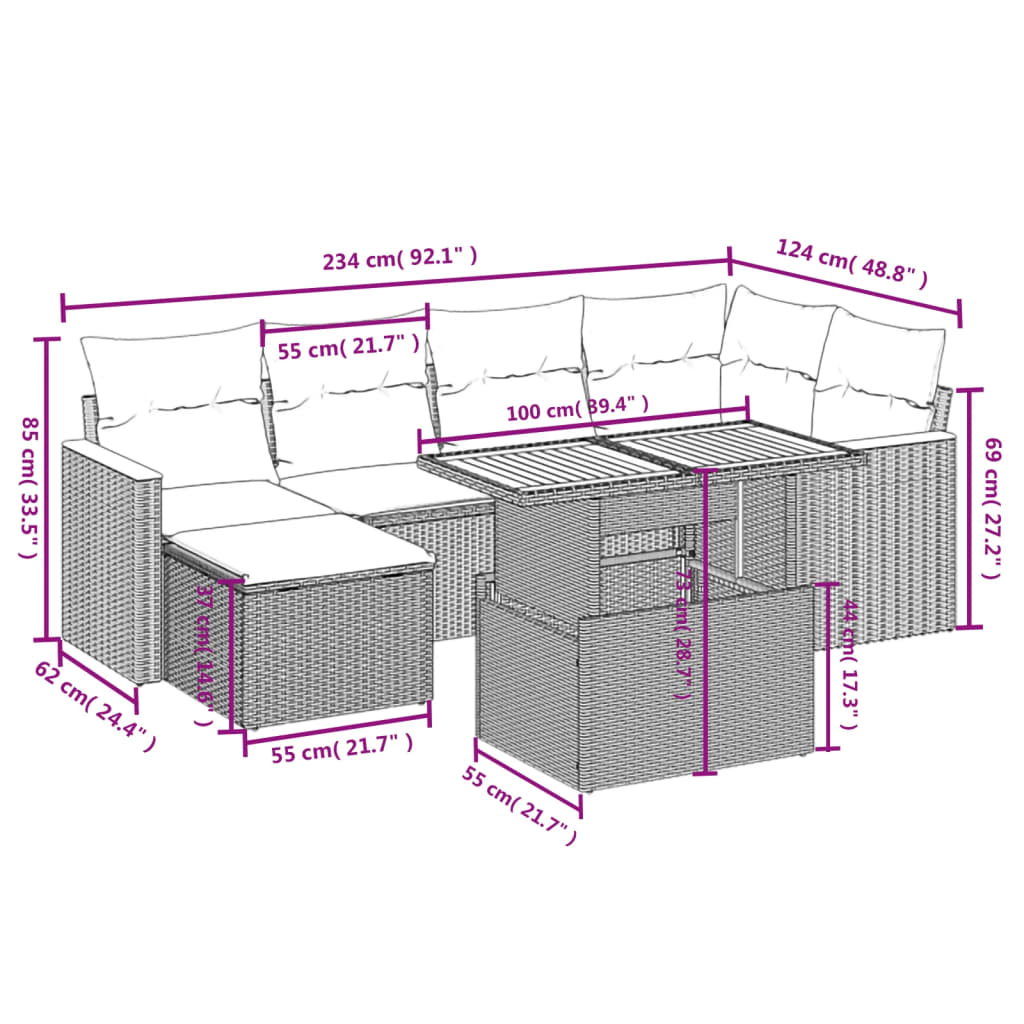 7 pcs conjunto de sofás p/ jardim com almofadões vime PE bege