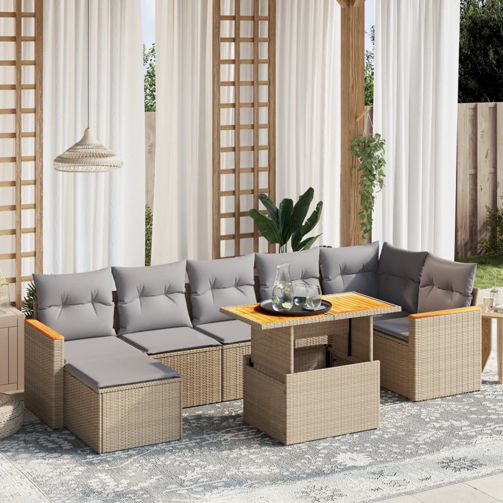 8 pcs conjunto de sofás p/ jardim com almofadões vime PE bege