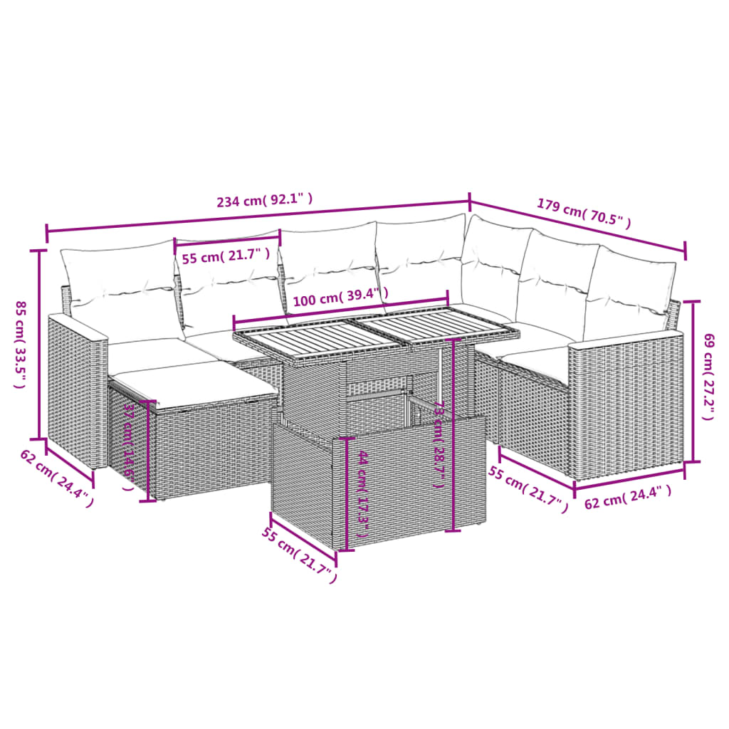 8 pcs conjunto sofás de jardim c/ almofadões vime PE cinzento