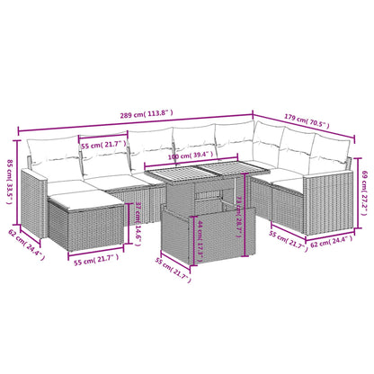 9 pcs conjunto de sofás p/ jardim com almofadões vime PE bege