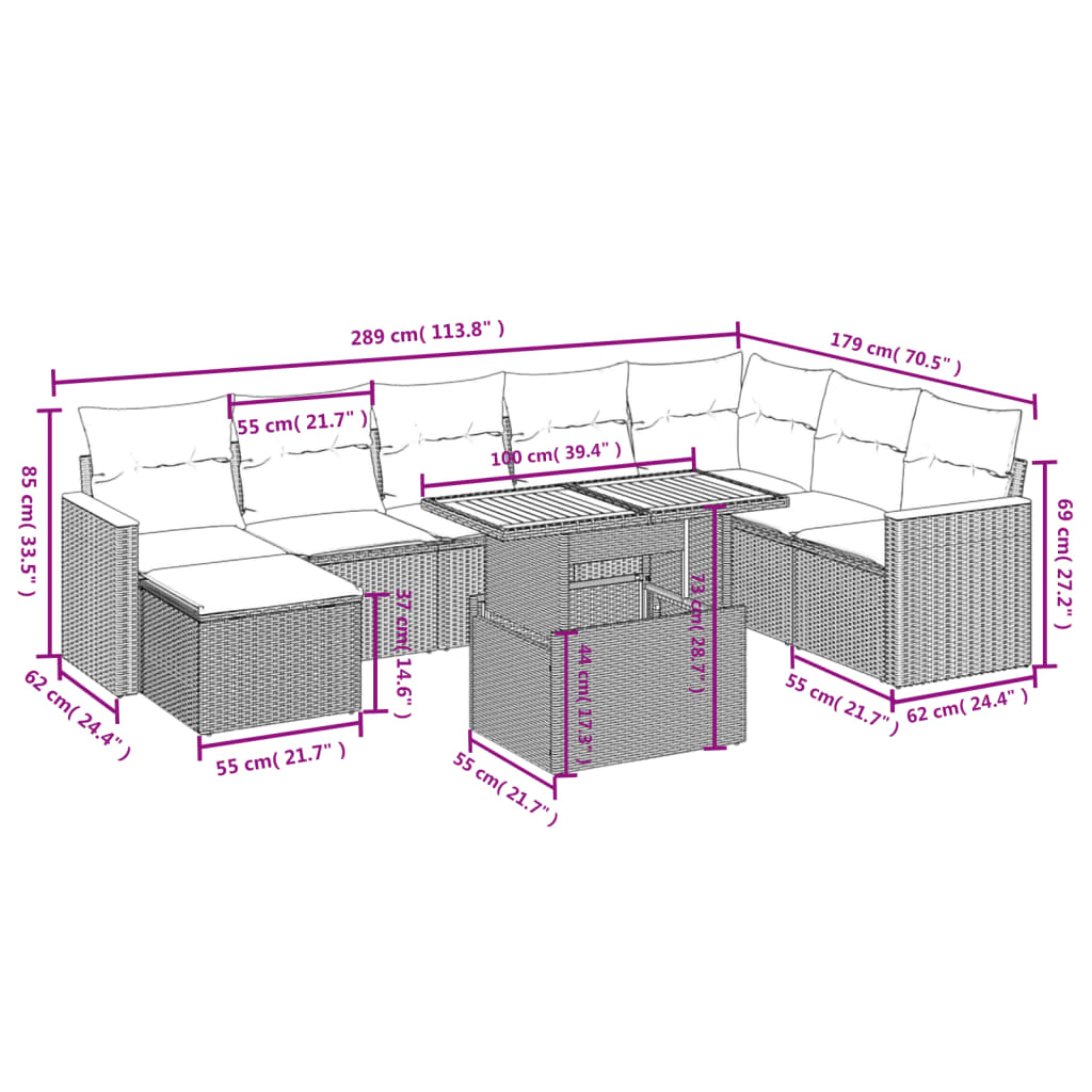 9 pcs conjunto de sofás p/ jardim com almofadões vime PE bege