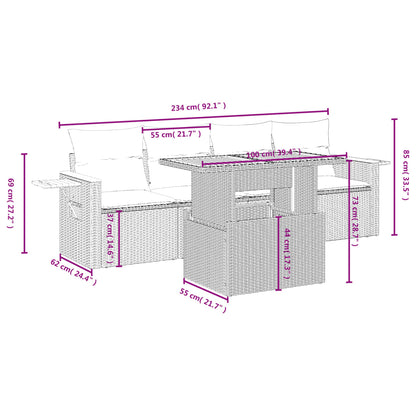 5 pcs conjunto sofás de jardim c/ almofadões vime PE cinzento