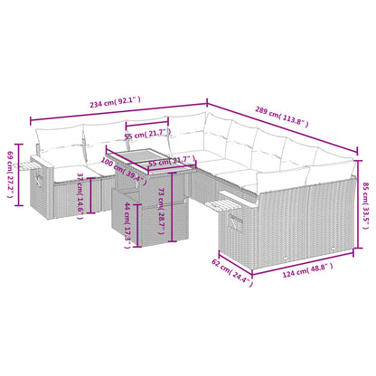 9 pcs conjunto de sofás p/ jardim com almofadões vime PE bege