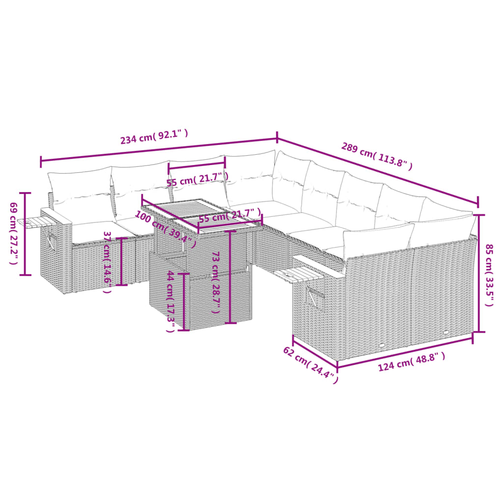 9 pcs conjunto sofás p/ jardim com almofadões vime PE cinzento