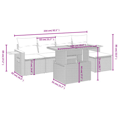 6 pcs conjunto de sofás p/ jardim com almofadões vime PE bege