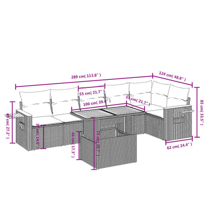 7 pcs conjunto de sofás p/ jardim c/ almofadões vime PE preto