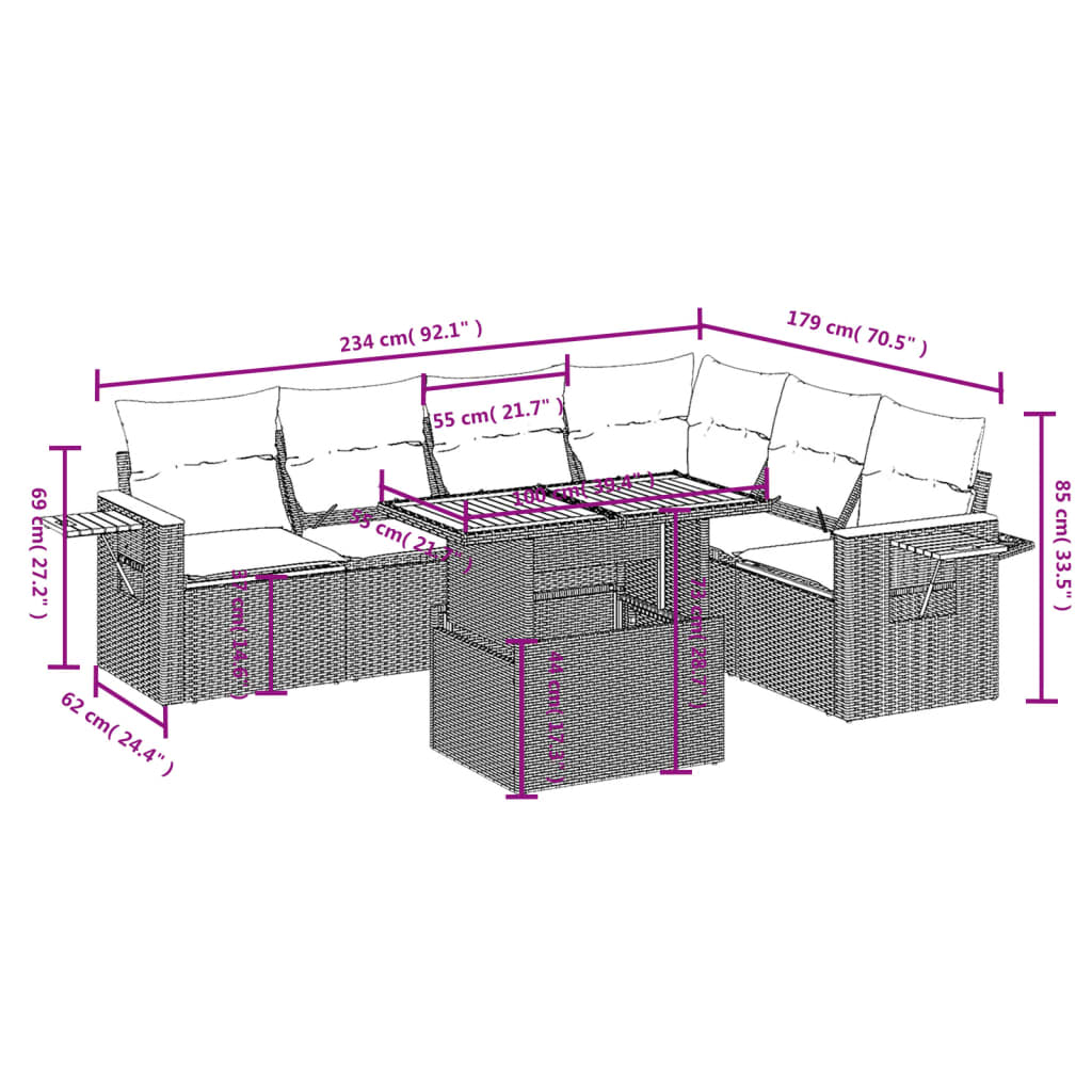 7 pcs conjunto de sofás p/ jardim com almofadões vime PE bege