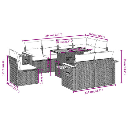 9 pcs conjunto sofás p/ jardim com almofadões vime PE cinzento