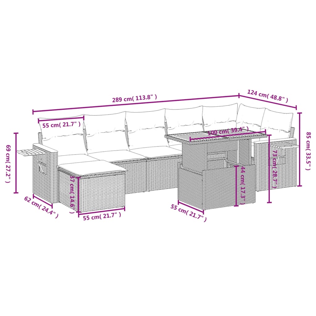 8 pcs conjunto sofás de jardim com almofadões vime PE preto