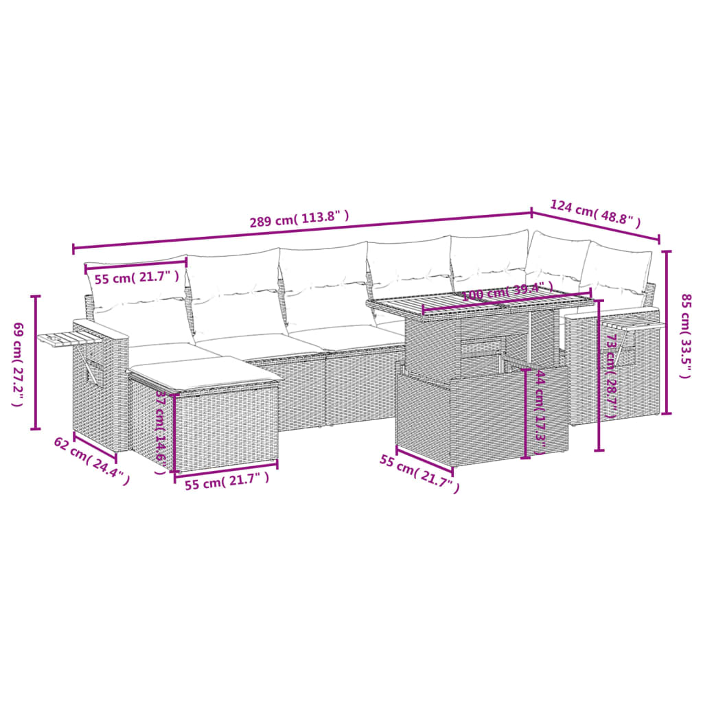 8 pcs conjunto de sofás p/ jardim com almofadões vime PE bege