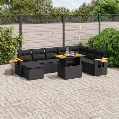 8 pcs conjunto sofás de jardim com almofadões vime PE preto