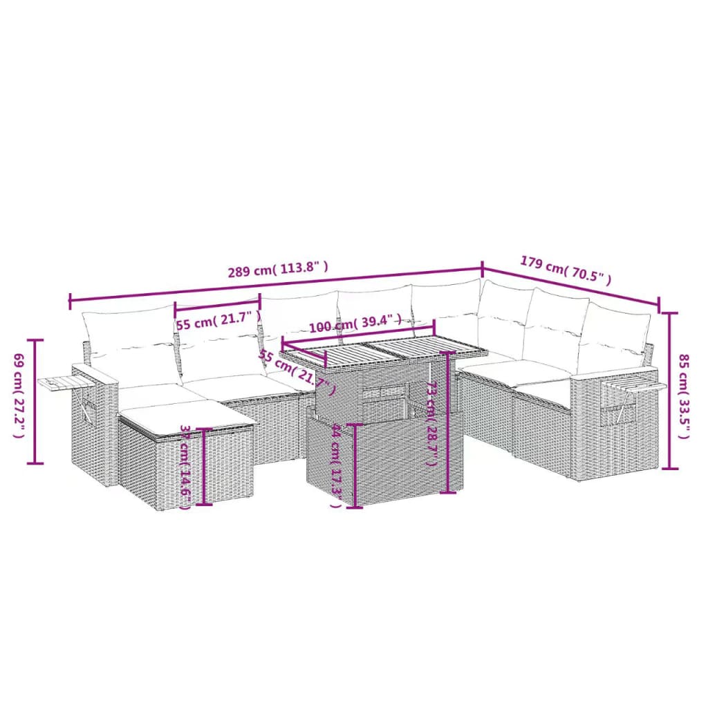 9 pcs conjunto de sofás p/ jardim c/ almofadões vime PE preto