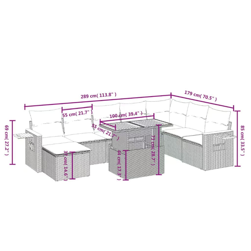 9 pcs conjunto de sofás p/ jardim c/ almofadões vime PE preto