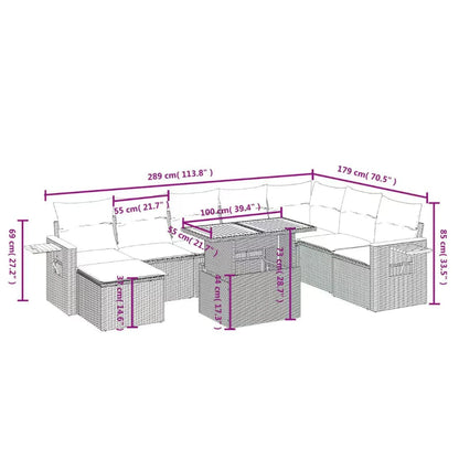 9 pcs conjunto de sofás p/ jardim com almofadões vime PE bege