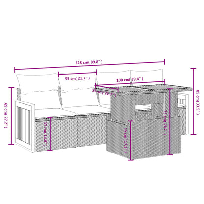 5 pcs conjunto sofás de jardim c/ almofadões vime PE cinzento