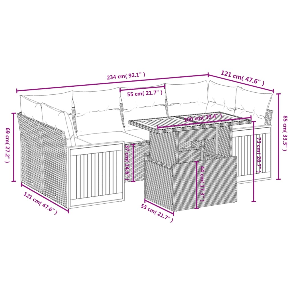 7 pcs conjunto de sofás p/ jardim com almofadões vime PE bege